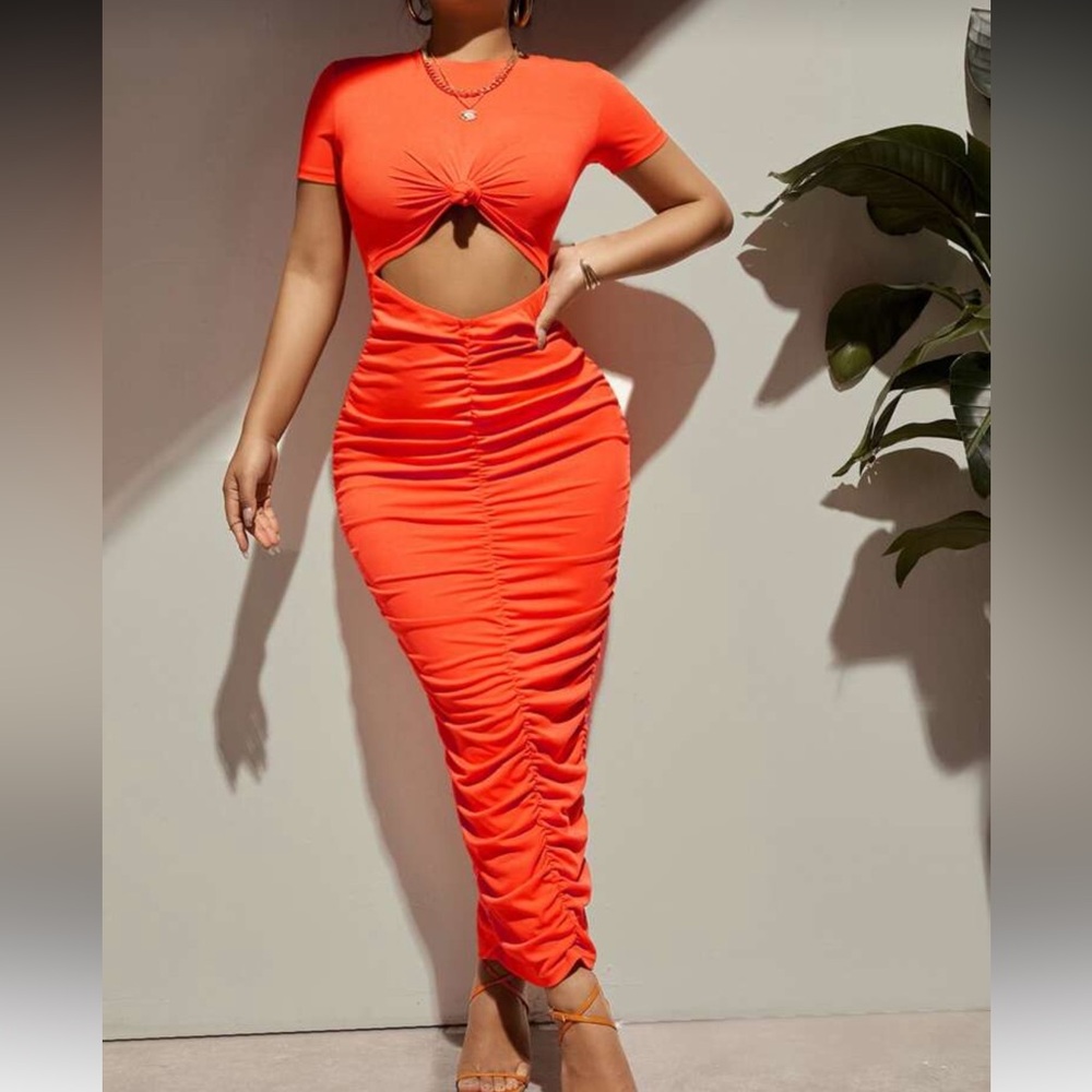 SHEIN Bright Orange Ruched Pencil Skirt